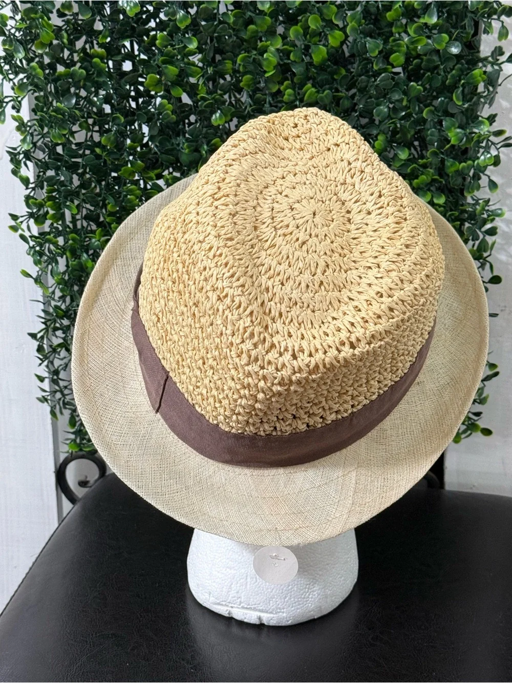 Linen and Straw Cloche Hat with Brown Ribbon